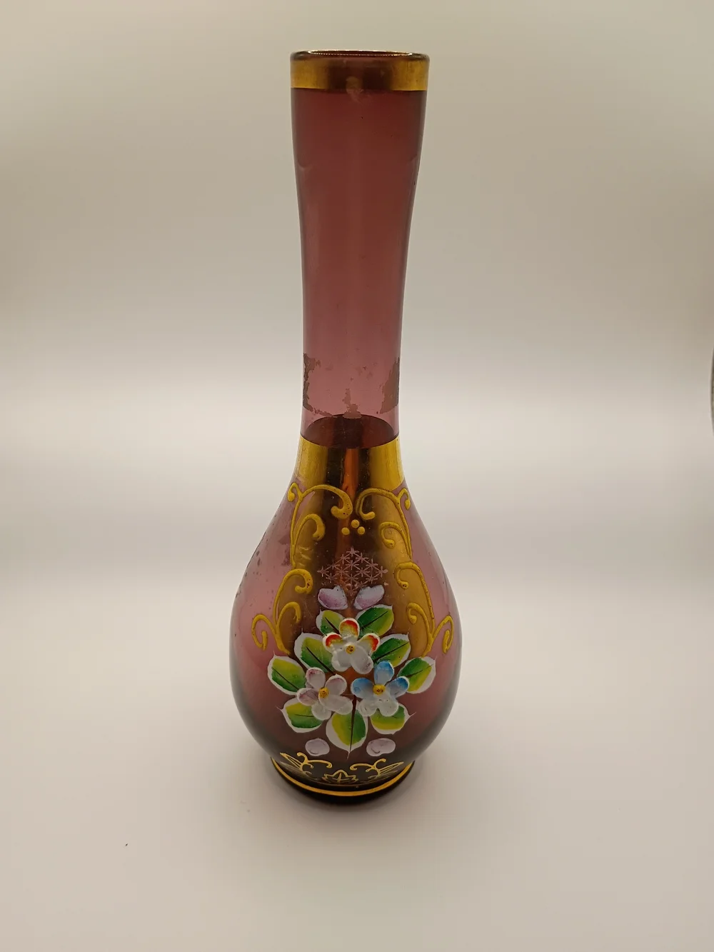 Vintage Hand-Painted Glass Bud Vase with Floral Motif And Gold Accents